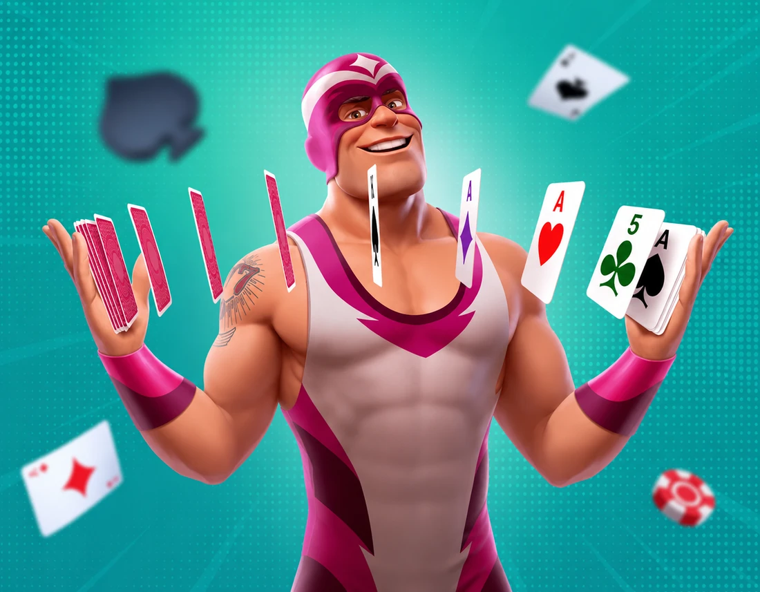 Spinrollz Maskottchen mit Spielkarten als Symbol für Tischspiele
